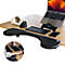 Black armrest with mouse, keyboard, and laptop on wooden desk. Small round image shows usage.