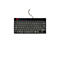 Schwarze kabelgebundene AZERTY-Tastatur mit rotem Logo oben links vor weißem Hintergrund.