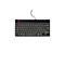 Schwarze, kabelgebundene Kompakt-Tastatur mit weißer Beschriftung und einem kleinen roten Logo oben links.