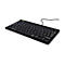 Schwarze, flache Computer-Tastatur mit Kabel und französischem AZERTY-Layout auf weißem Hintergrund.