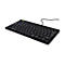 Schwarze, flache Computer-Tastatur mit Kabel vor weißem Hintergrund.