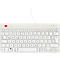 Hellgraue Tastatur mit weißen Tasten und Buchstaben, Kabelanschluss. Rechts oben befinden sich Kontrollleuchten, links oben das Logo.