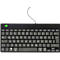 Schwarze Tastatur mit grauen Tasten, Kabelanschluss, grüne Logo-Marke links.