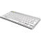 Silberne, flache Tastatur mit weißen Tasten und Buchstaben. Ein grünes Licht leuchtet oben.