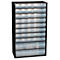 Armoire noire avec tiroirs transparents, idéale pour les petites pièces.