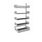 Grey metallic wall shelf with five open shelves. A vertical post connects the shelves.