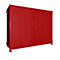 Red cabinet with two doors, on metal feet. Metal eyelets are attached on the left and right.