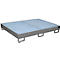 Gray steel pallet with a metal grid surface. Four square feet with U-shaped openings.