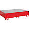 A red rectangular table with a gray top. It stands on red, U-shaped legs.