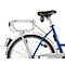 Close-up of a bicycle, silver luggage rack, blue frame, black saddle, silver fenders.