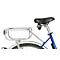 Close-up of a bicycle: luggage carrier, blue frame, black saddle.