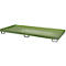 Green, rectangular metal tray on black feet. With a manufacturer's logo in the bottom right.