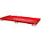 Red, rectangular drip pan with four feet. A white company logo is on the side.