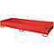 Red metal drip pan, rectangular, with feet. A small sign at the back.