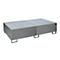 Metal pallet with a grid surface, on a light grey background. Angular shape, metal feet. Ideal for industrial applications.