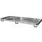 Rectangular metal trough with legs. Gray, shiny surface, ideal for industrial purposes.