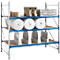 A metal shelf with a blue frame, filled with sanitary ceramics, rolled goods and other items.