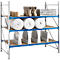 Shelf with products: toilets, rolls, containers. Metal shelf, blue-silver, arranged on brown floors.