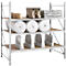 A storage rack with various items: rolls, plastic parts, gift wrapping. All arranged on different levels.