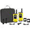 Two yellow and black walkie-talkies with accessories like a case, batteries and chargers.