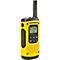 Yellow walkie-talkie with black antenna and buttons. The display reads "4" and "10". Motorola brand name visible.