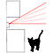 Illustration noir et blanc : un chaton se tient à côté d'un dessin d'architecture. Des lignes rouges montrent un champ de vision.