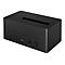 Schwarze Festplatten-Dockingstation mit Schacht, USB- und DC-AnschlÃ¼ssen. RÃ¼ckseite mit Beschriftungen. Oben offener Schlitz.