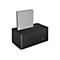 Schwarze Festplatten-Dockingstation mit eingelegter SSD-Festplatte. Auf der Vorderseite ein blaues Licht und ein Markenlogo.