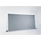 Tableau rectangulaire gris sur mur blanc, avec support argenté en bas.