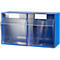 Boîte murale en plastique bleu à deux compartiments avec rabats transparents.