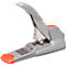Gray stapler, orange accents, lever raised. Imprint "CURA X".