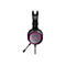 Schwarzes Gaming-Headset, rosa Akzente, Mikrofon und Kabel.