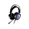 Schwarzes Gaming-Headset mit blauem Licht. Das Headset hat einen Mikrofonarm und ein Logo auf den Ohrmuscheln.