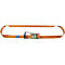 Orange ratchet strap with a blue marking and a black handle, isolated on a white background.