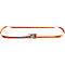 Orange lashing strap set with ratchet and blue label. On a white background.