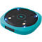 Türkisfarbener, quadratischer Puck mit schwarzer Mitte, Lautsprecher-Stummschalt-Symbol und leuchtenden blauen LEDs.