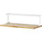 Regal mit zwei Ebenen. Unten eine Holzplatte, oben eine weiße Ablage, verbunden durch weiße Halterungen.