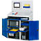 Kantoorkast met scherm, toetsenbord, printer en pc. Blauwe deuren open.