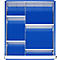 Blauer Schrank mit silbernen Einlegeböden. Vier Fächer, offene Türen. Metallrahmen. Innenaufteilung.
