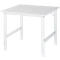 White square table with metal legs, against white background. Detailed shot of corner joints.