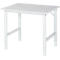 White table with rectangular top and metal legs. The legs are height-adjustable with screws.