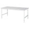 White rectangular table with metal legs. The tabletop is smooth, the legs form angles.
