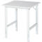 White table, square tabletop on four legs, with diagonal braces and height adjustable.