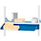 Blauw rek met gele containers, daarachter een tweede rek met meer containers en accessoires.