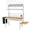 Werkbank mit weißem Gestell, Holzplatte, Papierhalter, Abfalleimer. Einmaliger Ausklapptisch.