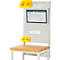 Werkbank met pegboard, gele bakken en een document. Houten blad op metalen frame.