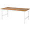 Rectangular wooden table with light-colored wood, white metal frame, legs slightly angled.