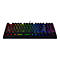 Schwarze Gaming-Tastatur mit farbiger RGB-Beleuchtung. Alle Tasten leuchten in verschiedenen Farben.