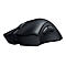 Schwarze Gaming-Maus mit seitlichen Tasten, Scrollrad und einem strukturierten Gehäuse. Die Maus ist auf weißem Hintergrund abgebildet.
