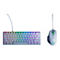 Graues Gaming-Keyboard und Maus, beide mit RGB-Beleuchtung und Kabeln auf weißem Hintergrund.